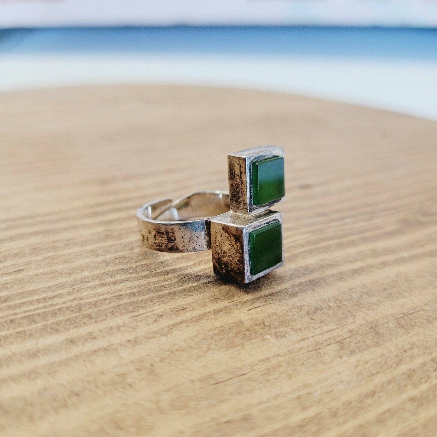 Vintage Art Deco Green Jade Gemstone Sterling Silver 925 Modernist Ring
