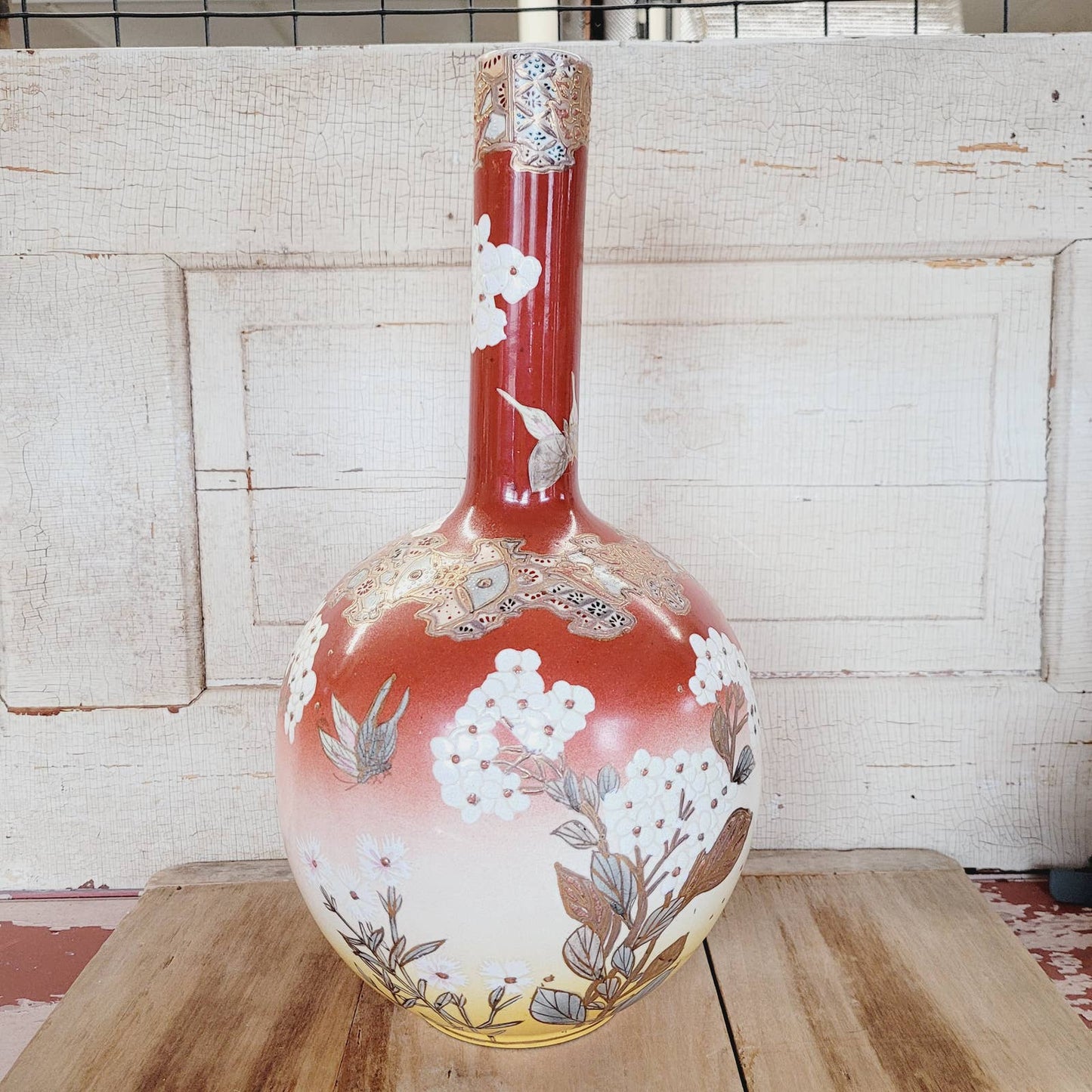 Antique Japanese Porcelain Vase with Butterflies and Blossoms