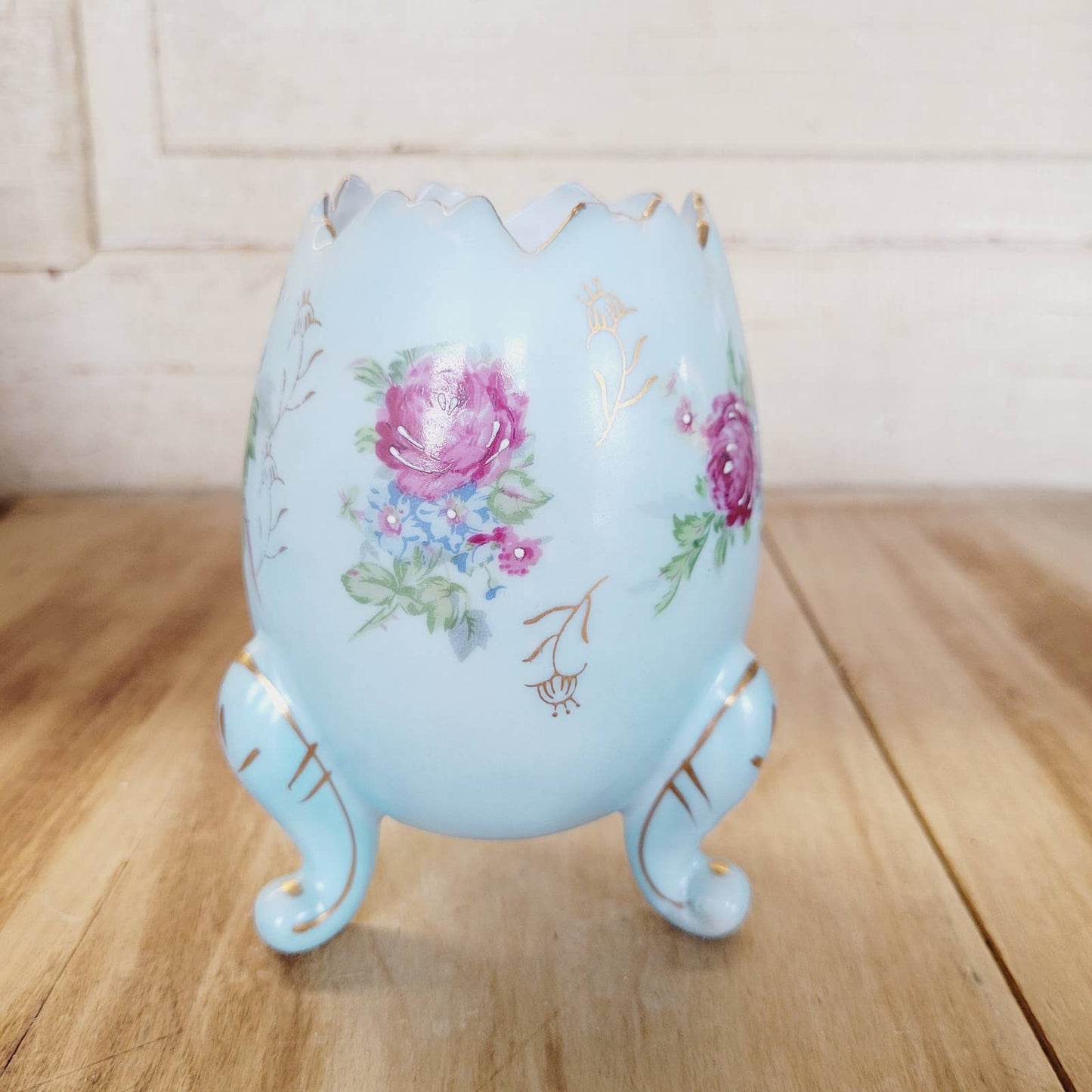 VINTAGE NAPCOWARE Hand Painted Blue Cracked Egg Vase Roses 5" Blue