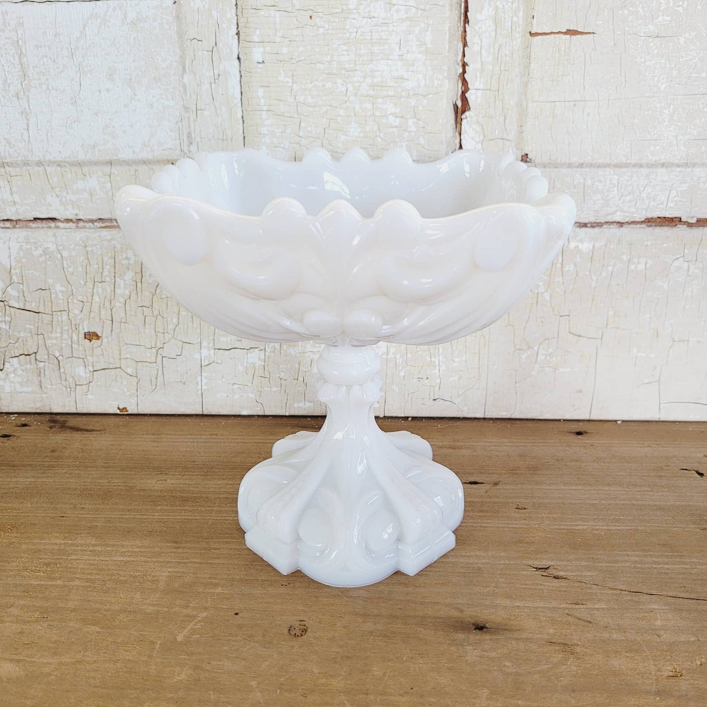 VINTAGE PORTIEUX VALLERYSTHAL FRANCE WHITE MILK GLASS SCROLLED SQUARE COMPOTE
