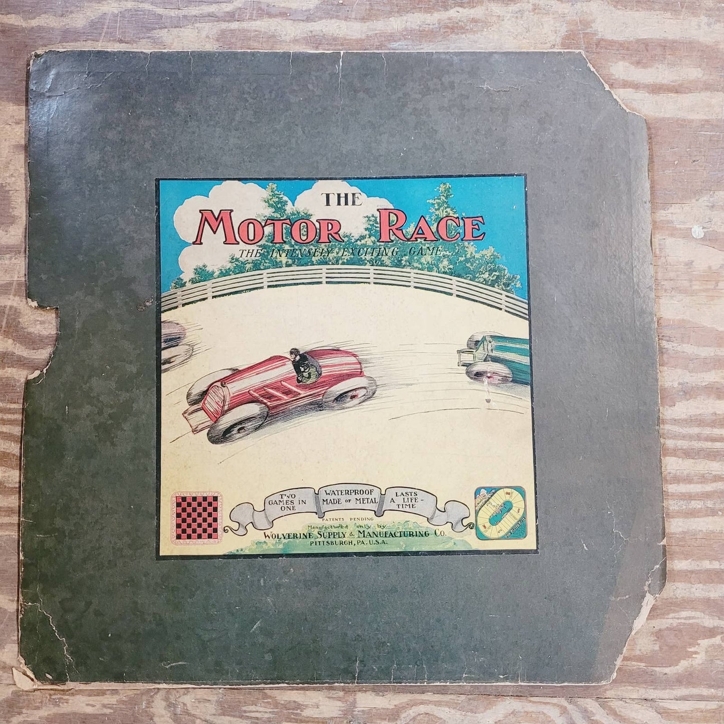 ANTIQUE 1920's THE MOTOR RACE GAME METAL BOARD 2-in-1