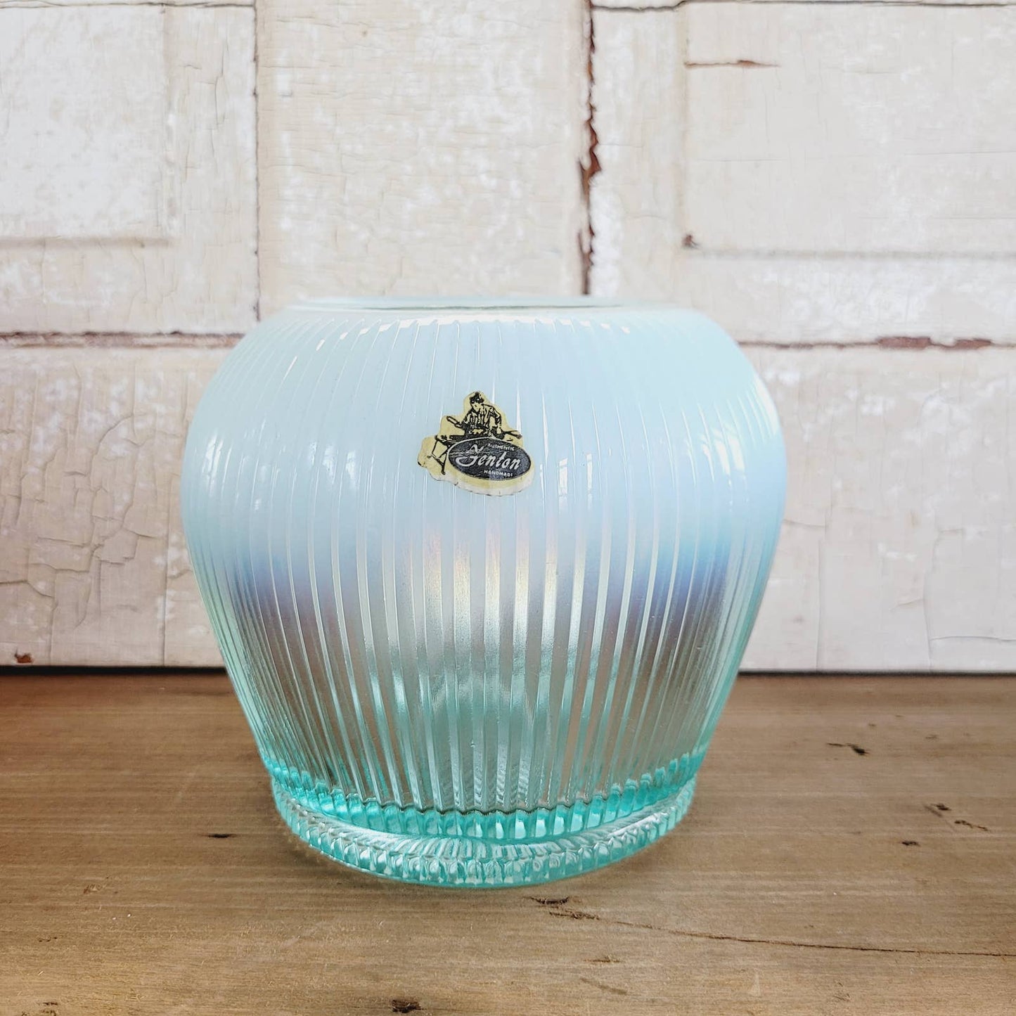 Vintage Fenton Sheffield Teal Ribbed Opalescent Glass Bowl Vase