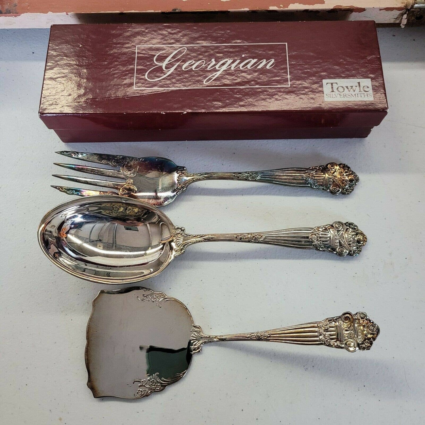 Towle Silverplate EPCA 3 Large Serving Utensils Georgian w/ original boxes