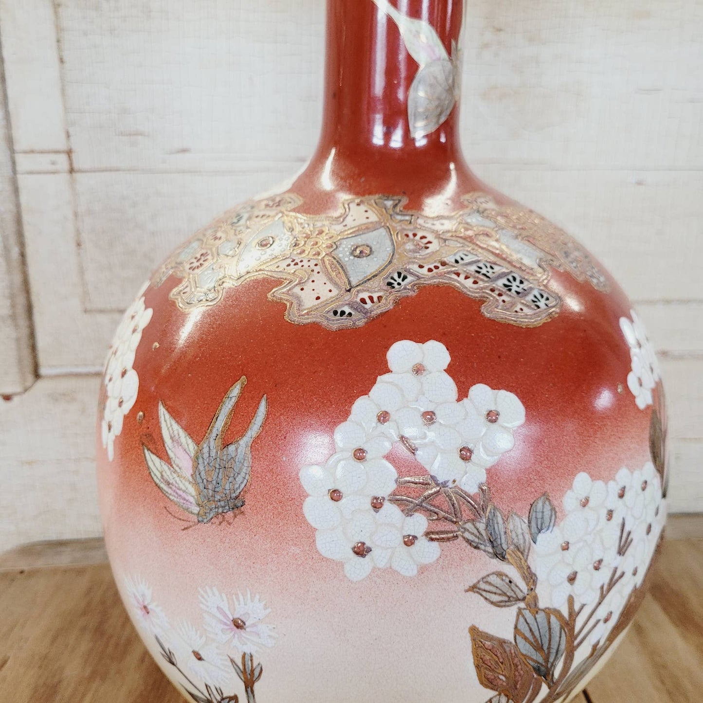 Antique Japanese Porcelain Vase with Butterflies and Blossoms