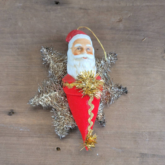 Vintage Porcelain Santa and Tinsel Star Christmas Ornament