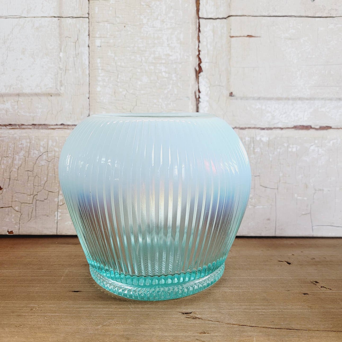 Vintage Fenton Sheffield Teal Ribbed Opalescent Glass Bowl Vase