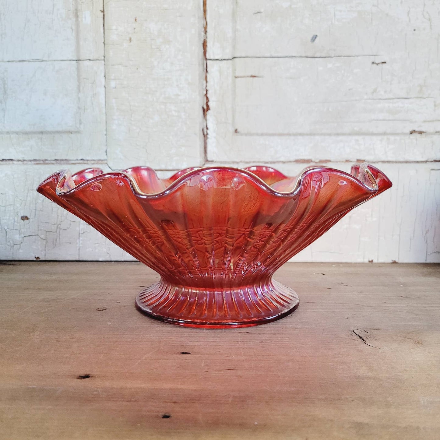 10” Large Fenton RED Carnival Glass Pedestal Bowl Hearts & Flowers