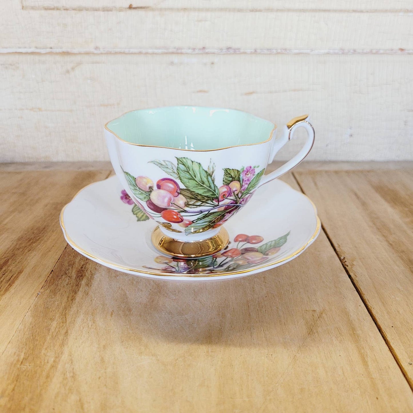 Vintage Queen Anne Bone China Teacup And Saucer Cherries