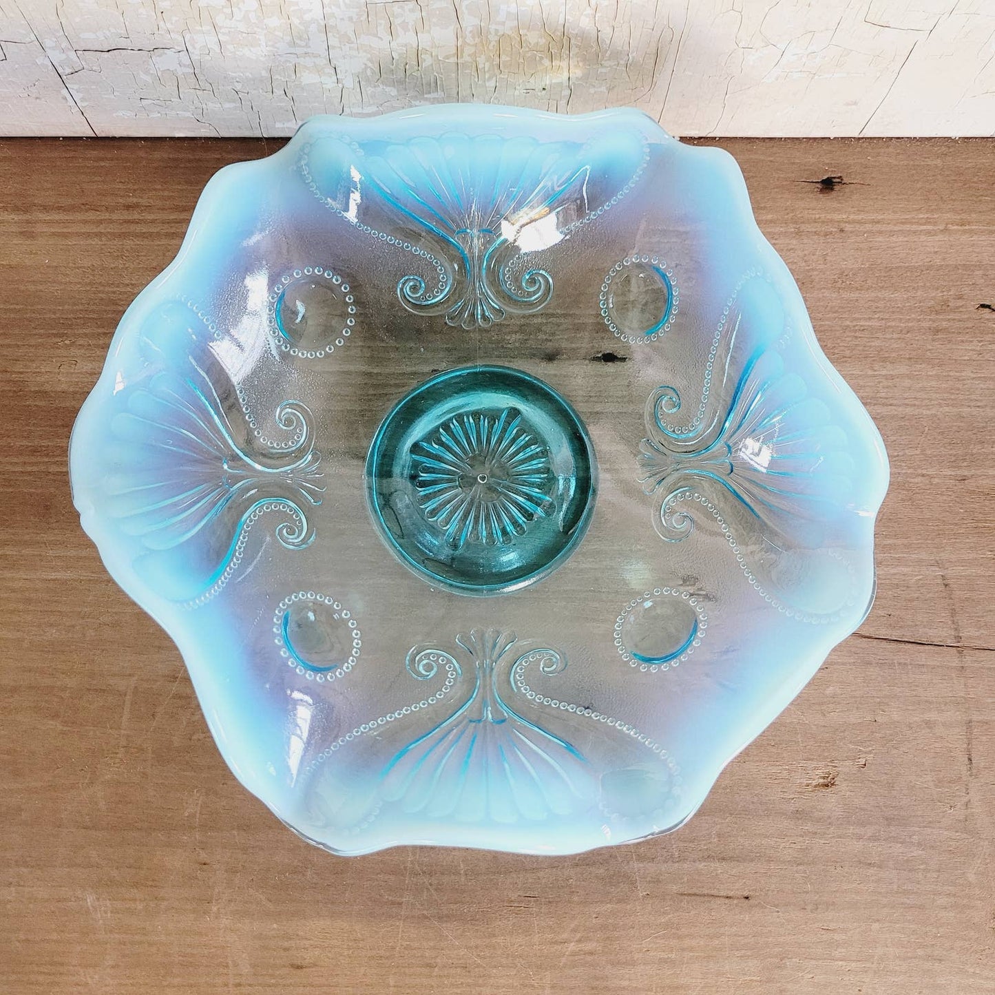 Vintage Beaded Shell Opalescent Blue Pedestal Bowl