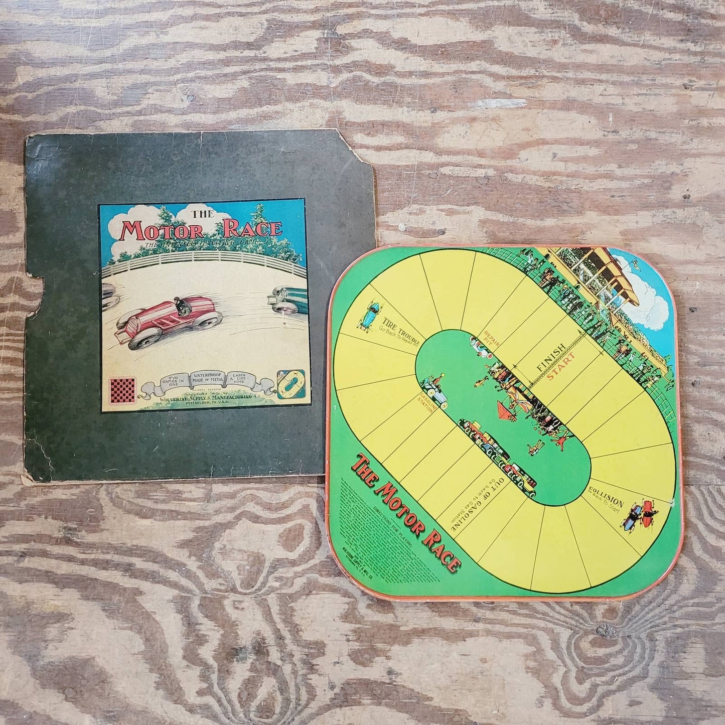 ANTIQUE 1920's THE MOTOR RACE GAME METAL BOARD 2-in-1