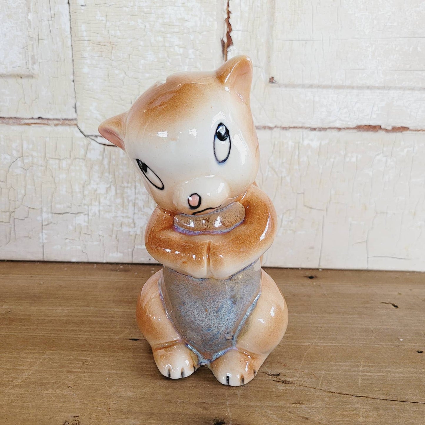 Vintage Squirrel Bank Blue Brown Handpainted Japan