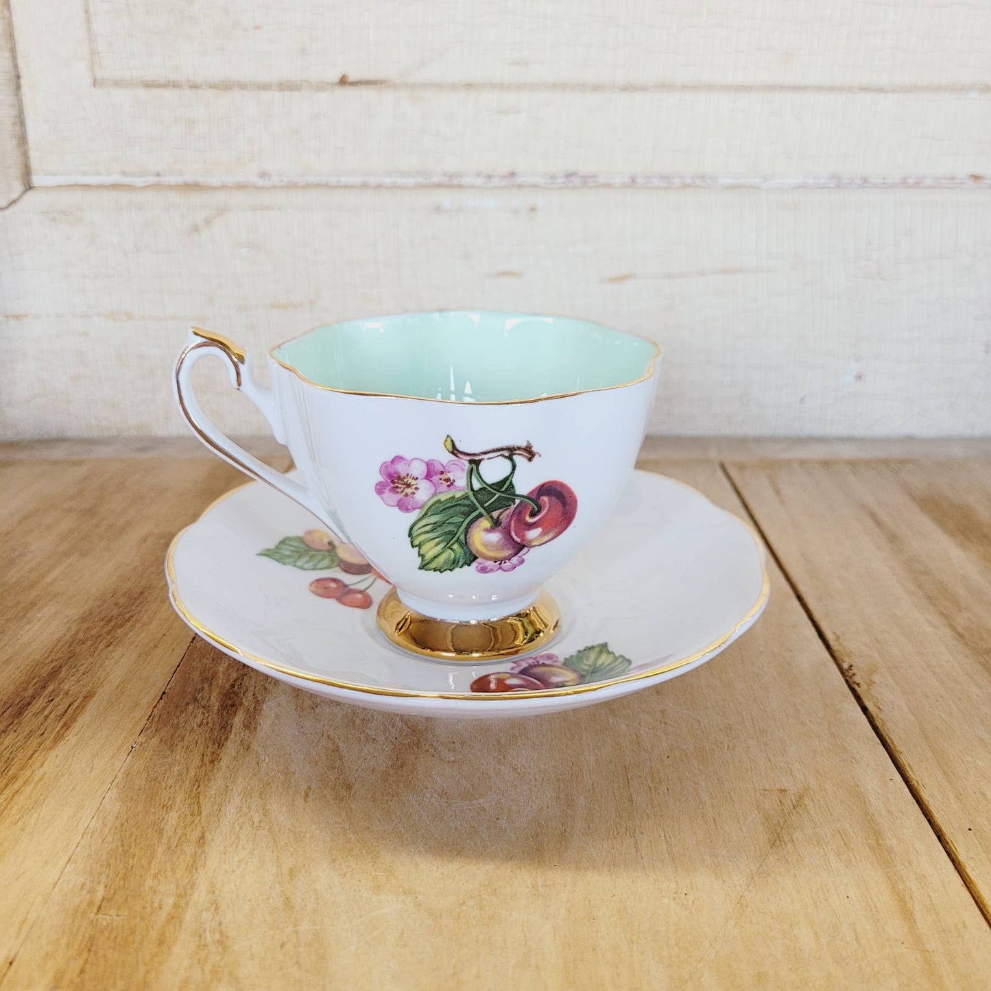 Vintage Queen Anne Bone China Teacup And Saucer Cherries