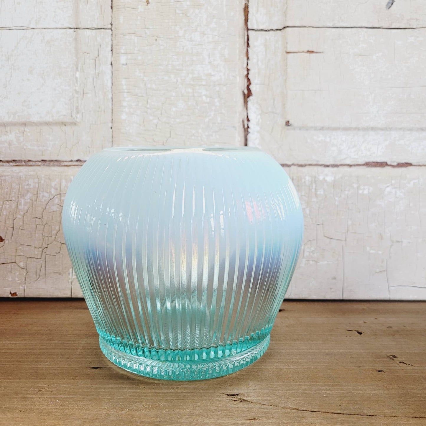 Vintage Fenton Sheffield Teal Ribbed Opalescent Glass Bowl Vase