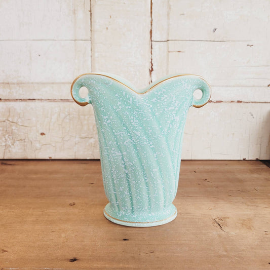 Vintage Crown Devon Vase Aqua, Speckled, Gold Trim