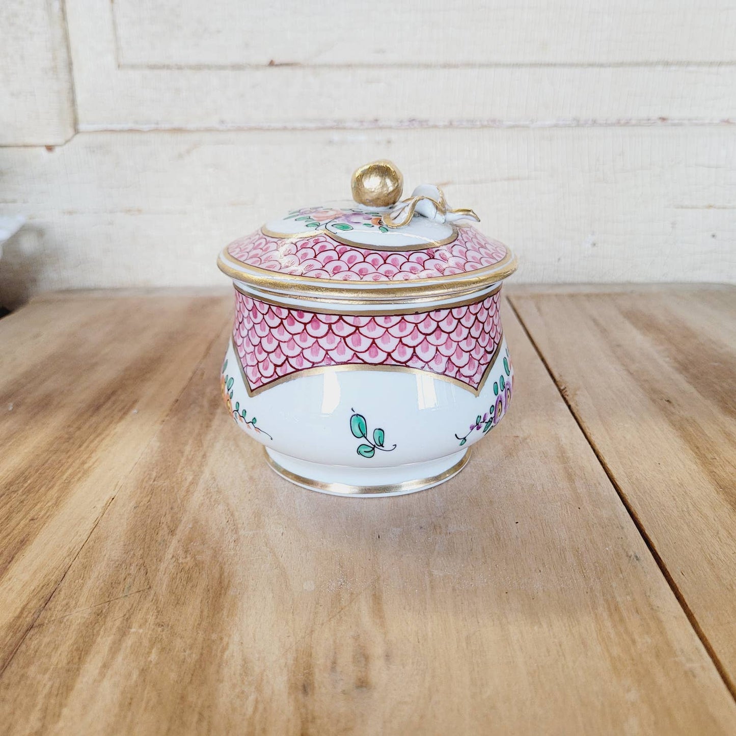 Antique Porcelain Jar with Lid Cherry Apple and Flowers