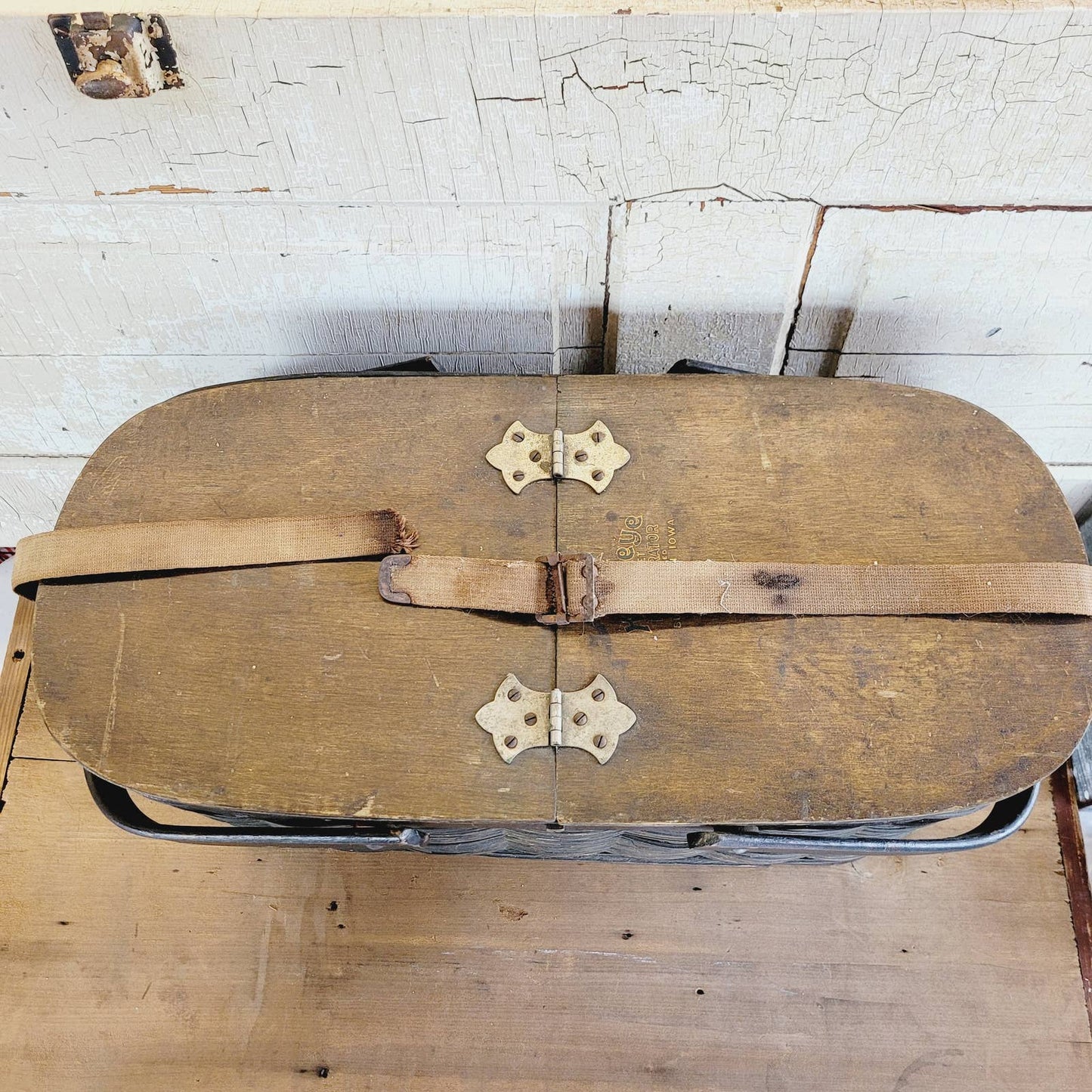 Antique Wooden Picnic Basket Hawkeye Refrigerator w/ Tin Insert and Containers