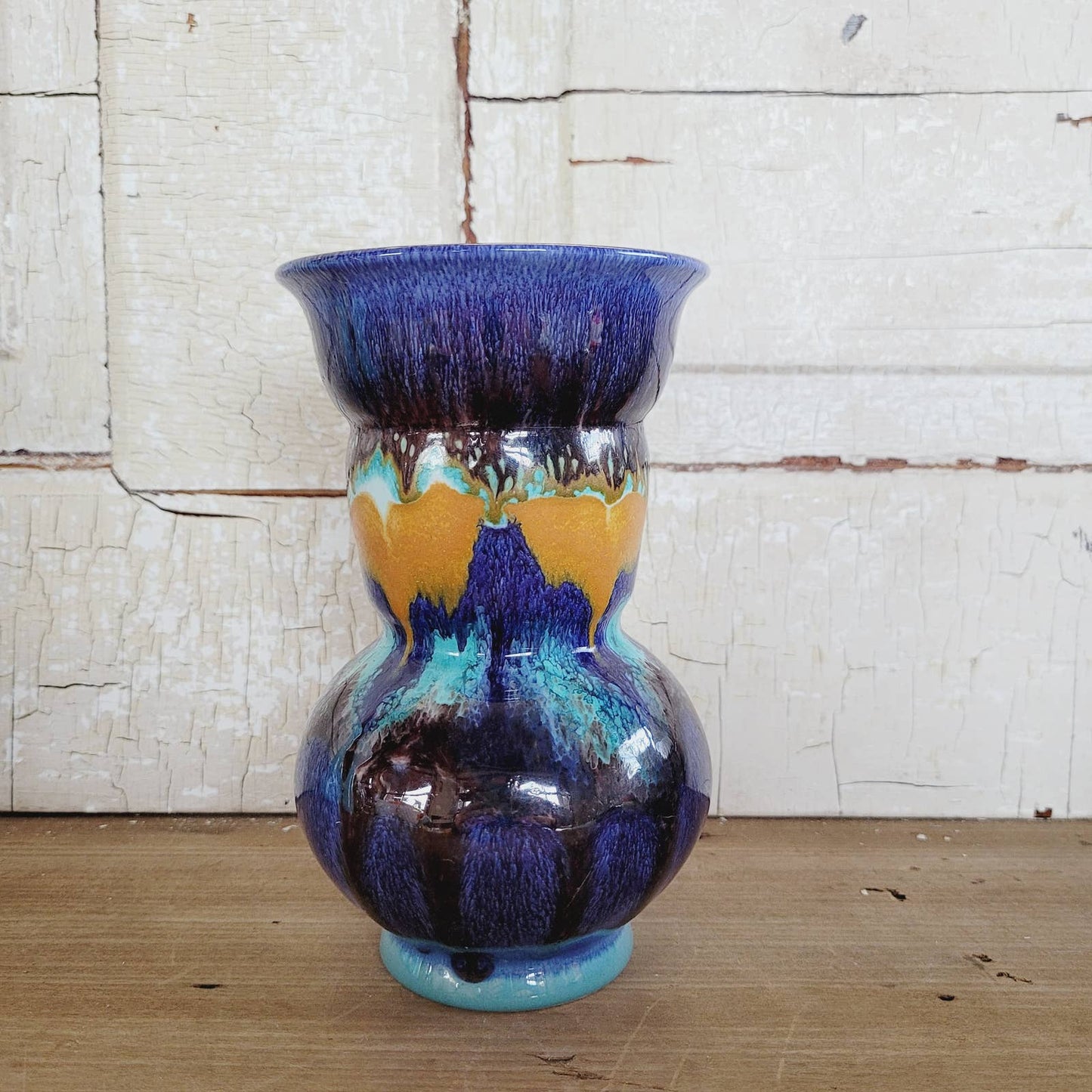 Antique Gouda Holland Pottery Blue Orange Vase #997