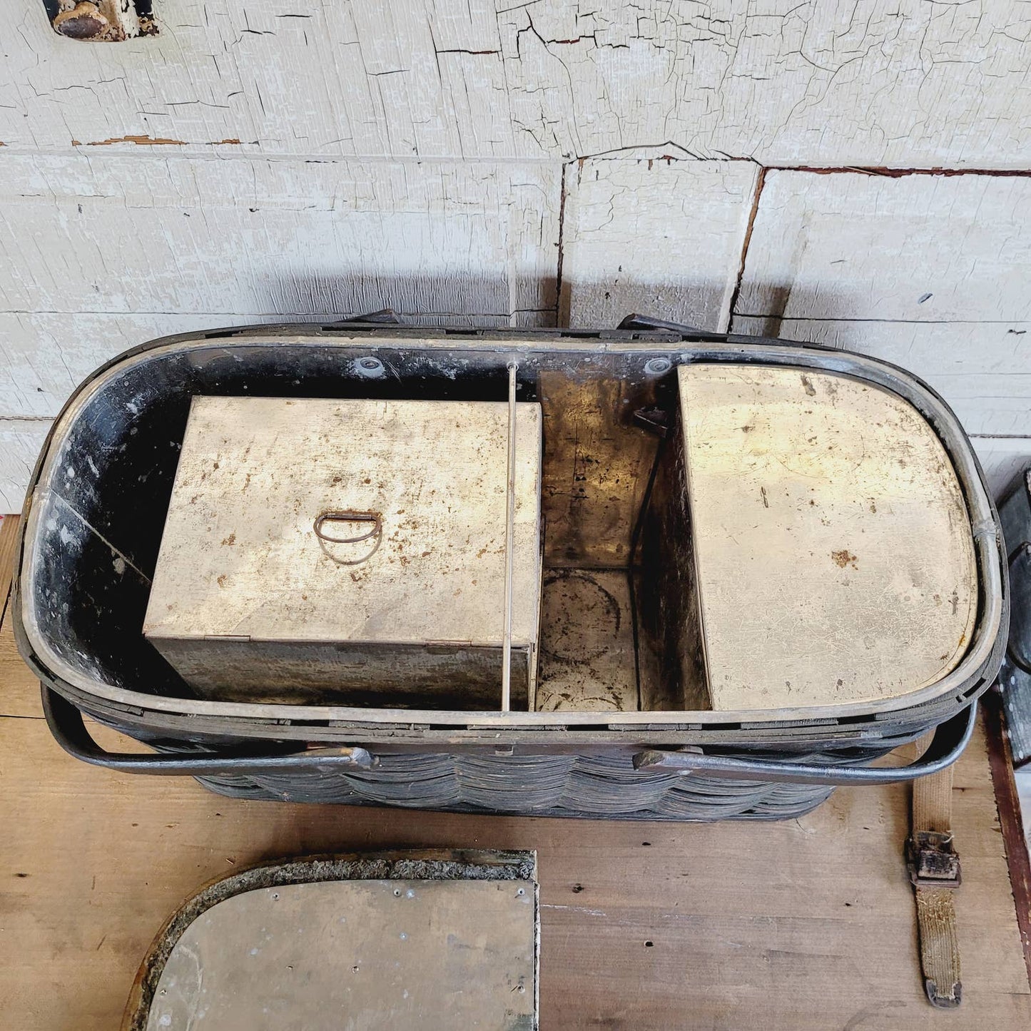 Antique Wooden Picnic Basket Hawkeye Refrigerator w/ Tin Insert and Containers