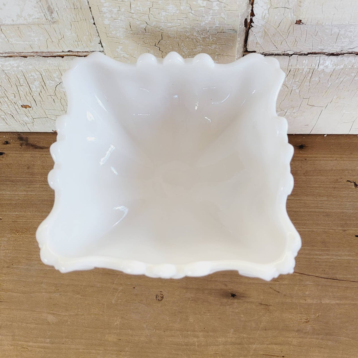 VINTAGE PORTIEUX VALLERYSTHAL FRANCE WHITE MILK GLASS SCROLLED SQUARE COMPOTE