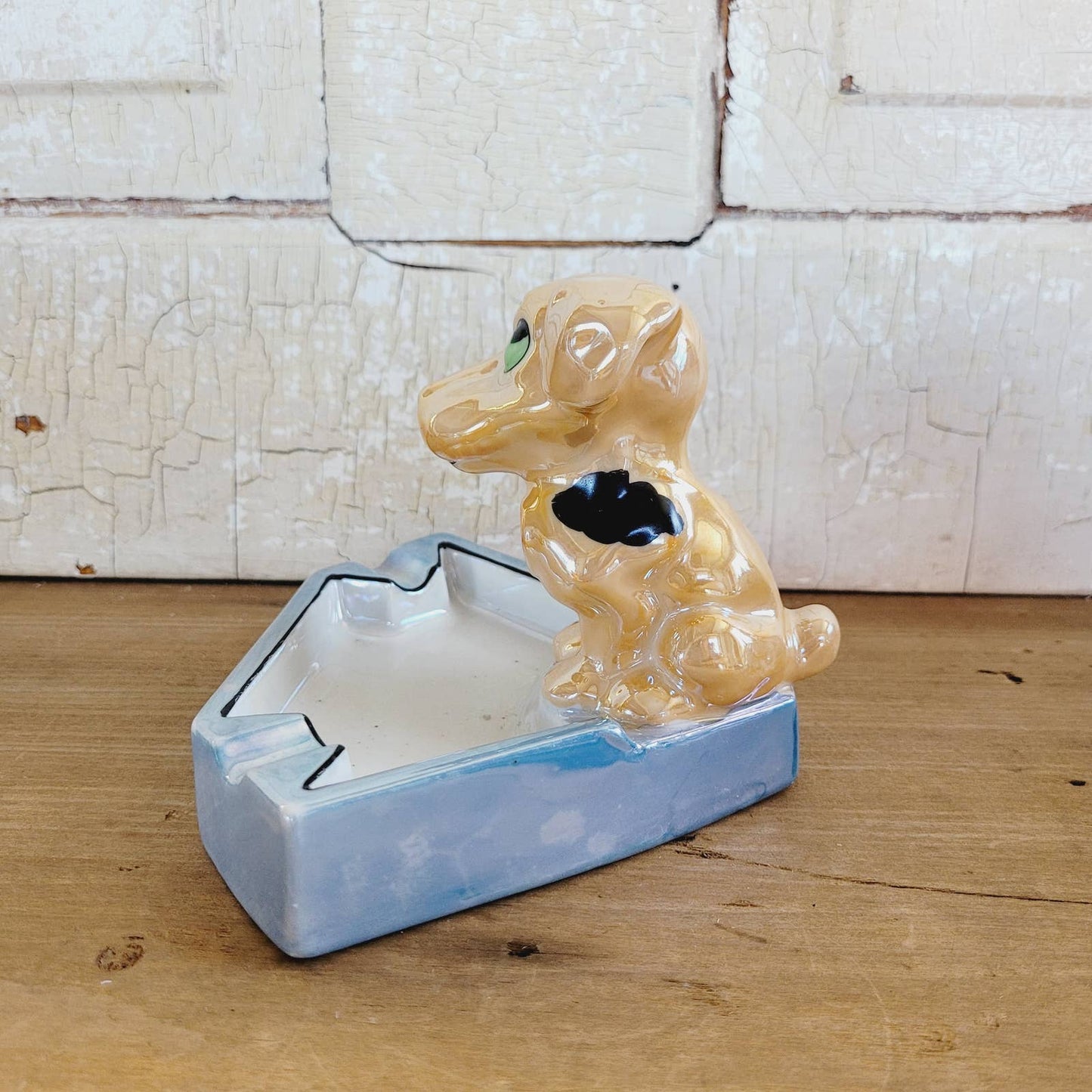 Vintage c1950s Hand Painted Lusterware Porcelain Dog Figural Ashtray